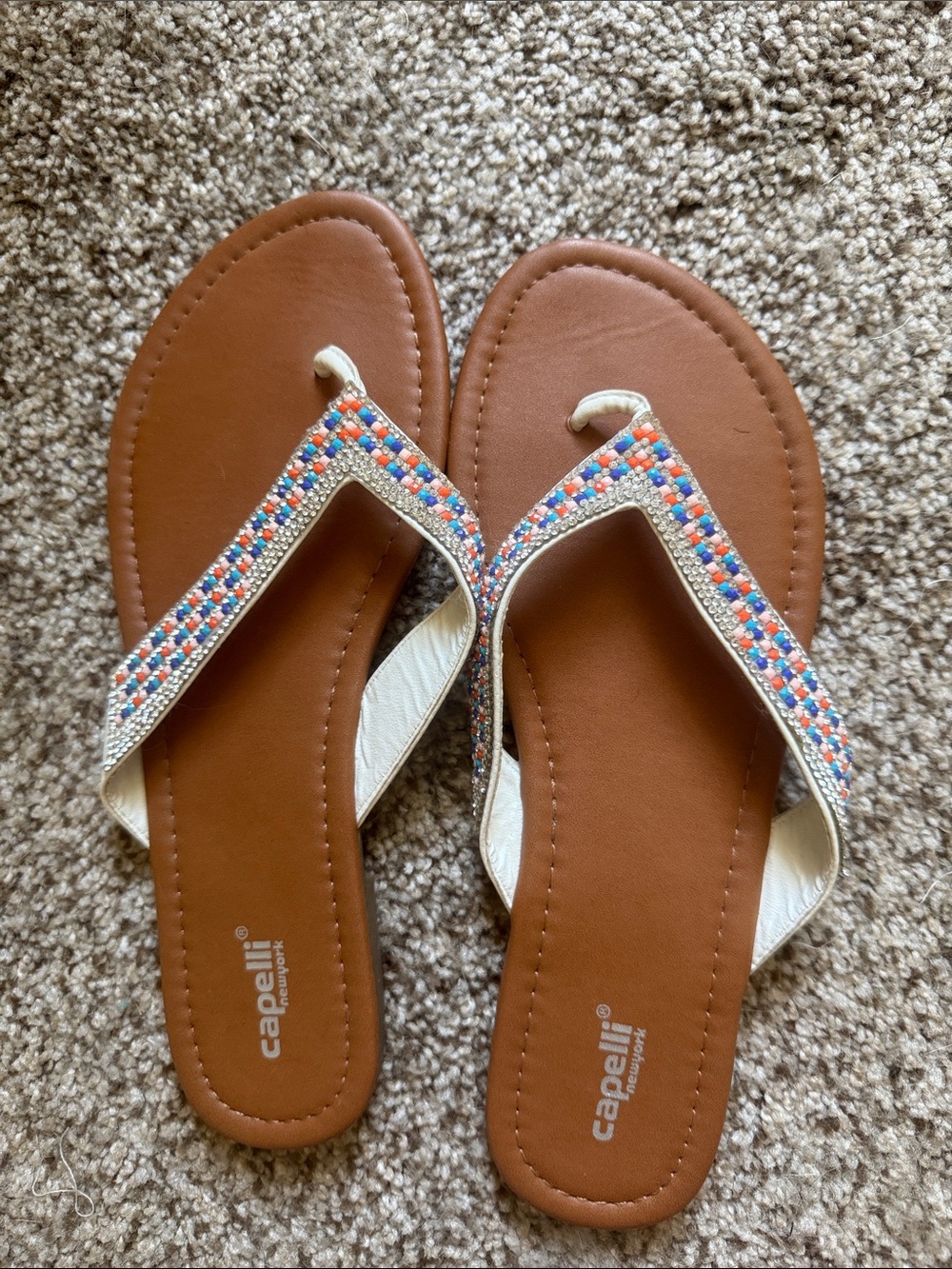 Capelli of New York Tan Sandals with Multicolor Beaded Straps